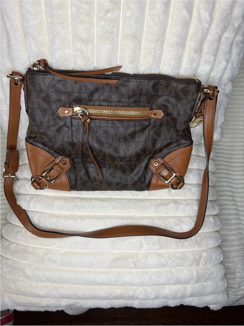 Michael Kors Fallon Medium Messenger Brown MK Signature PVC Leather Crossbody
